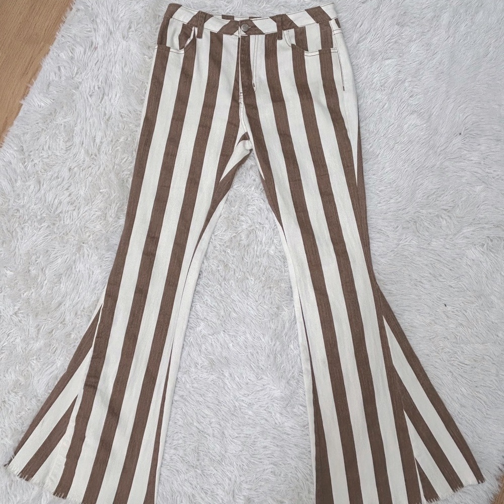 Striped Flare Pants in Brown & Cream